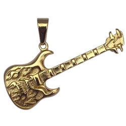 Pendentif guitare avec flamme heavy-metal acier doré HPD106D