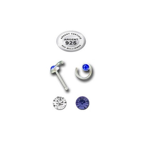 Bijou piercing nez plat avec motif spirale et strass tige avec boule argent 925 SNOJ 8