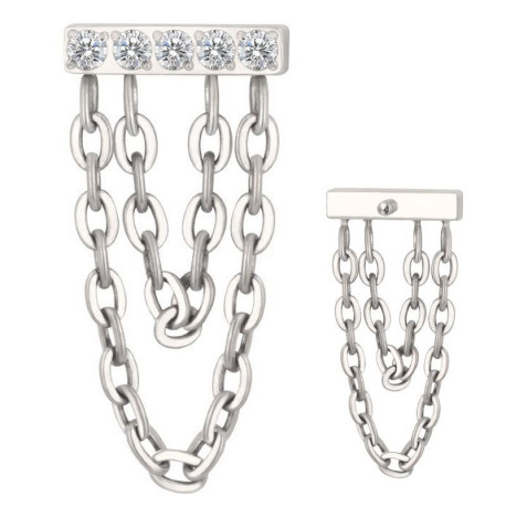 Embout pendant avec barre 5 brillants et 2 chaines titane G23, pour barre 1,2 mm avec pas de vis interne 0,8 mm TINMJ041