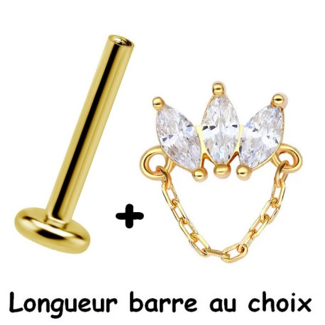 Bijou labret 1,2 mm marquise avec 3 brillants sertis avec chaine Titane or ASTM F-136 à visser interne 0,8 mm TGPINMLBJ006D3