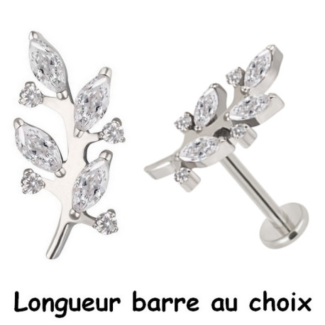 Bijou labret 1,2 mm motif feuille avec 8 brillants blancs sertis Titane ASTM F-136 à visser interne 0,8 mm TINMLBJ038D3