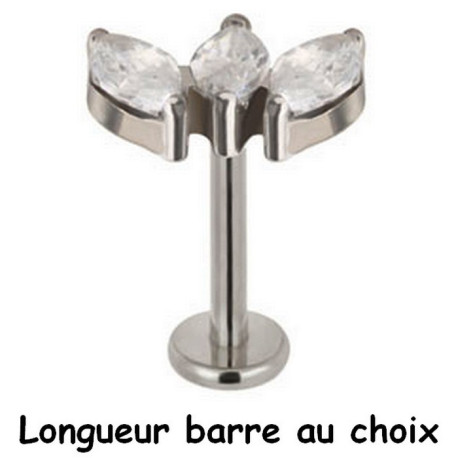 Bijou labret 1,2 mm motif marquise avec 3 brillants blancs sertis Titane ASTM F-136 à visser interne 0,8 mm TINMLBJ019D3