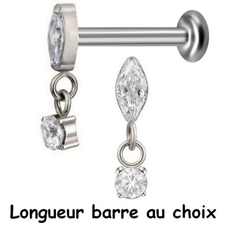 Bijou labret 1,2 mm motif 1 brillant blanc et 1 pendant brillant rond Titane ASTM F-136 à visser interne 0,8 mm TINMLBJ024D3