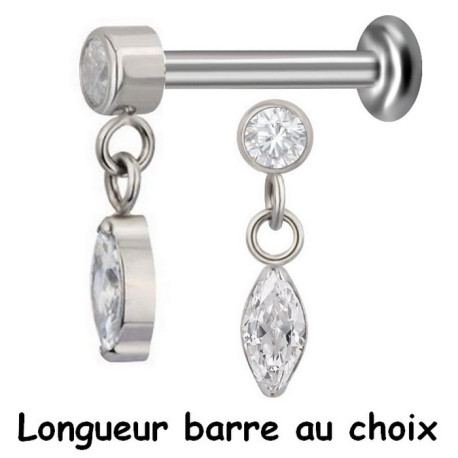 Bijou labret 1,2 mm motif 1 brillant blanc rond et 1 pendant brillant Titane ASTM F-136 à visser interne 0,8 mm TINMLBJ023D3