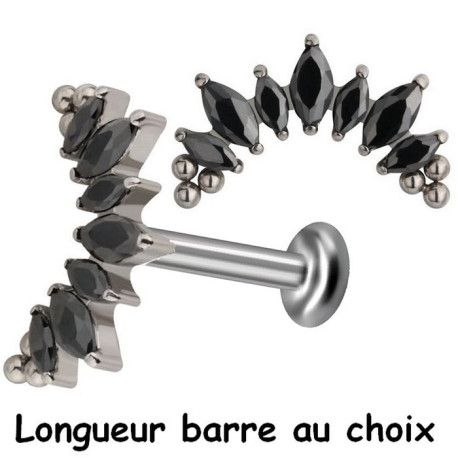 Bijou labret 1,2 mm marquise avec 7 brillants noirs et minis boules Titane ASTM F-136 à visser interne 0,8 mm TINMLBJ0010D3BK