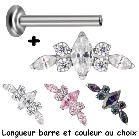 Bijou labret 1,2 mm motif marquise avec 7 brillants sertis Titane ASTM F-136 à visser interne 0,8 mm TINMLBJ052D3