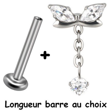 Bijou labret 1,2 mm papillon 2 brillants et pendant chaine strass Titane ASTM F-136 à visser interne 0,8 mm TINMLBJ053D3