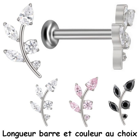 Bijou labret 1,2 mm motif feuille avec 5 brillants sertis Titane ASTM F-136 à visser interne 0,8 mm TINMLBJ049D3