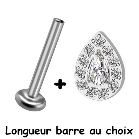 Bijou labret 1,2 mm motif goutte avec brillants blancs sertis Titane ASTM F-136 à visser interne 0,8 mm TINMLBJ045D3