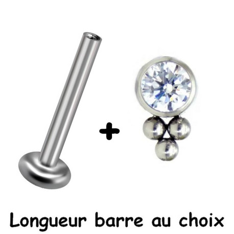 Bijou labret 1,2 mm motif strass blanc et 3 minis boules Titane ASTM F-136 à visser interne 0,8 mm TINMLBJ033D3