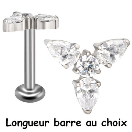 Bijou labret 1,2 mm motif fleur avec 4 brillants blancs sertis Titane ASTM F-136 à visser interne 0,8 mm TINMLBJ051D3