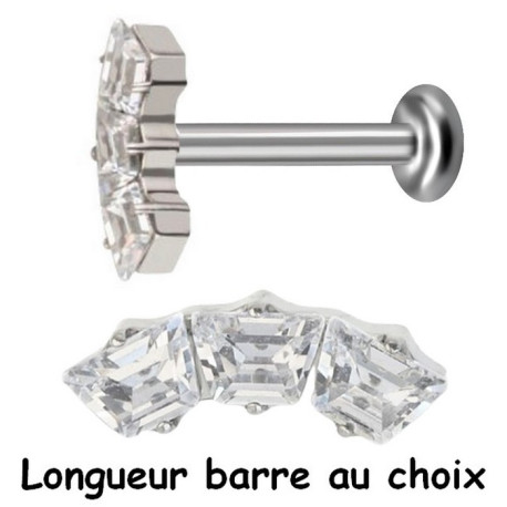 Bijou labret 1,2 mm marquise avec 3 brillants blancs couronnes sertis Titane ASTM F-136 à visser interne 0,8 mm TINMLBJ011D3