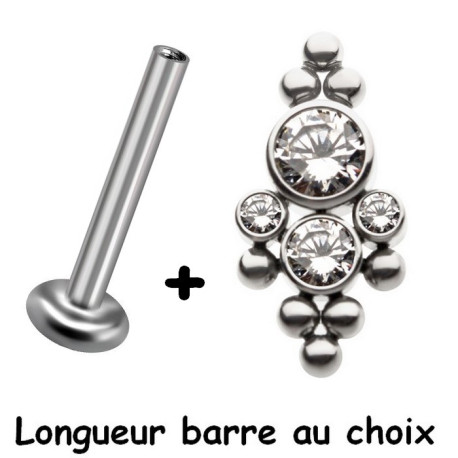 Bijou labret 1,2 mm ethnique avec 4 strass blancs et minis boules Titane ASTM F-136 à visser interne 0,8 mm TINMLBJ030D3