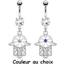 Bijou nombril acier 316L brillant blanc et pendant main de fatma N14792-C - CB