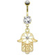 Bijou nombril acier doré brillant blanc et pendant main de fatma HN14792-GDC