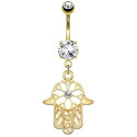 Bijou nombril acier doré brillant blanc et pendant main de fatma HN14792-GDC