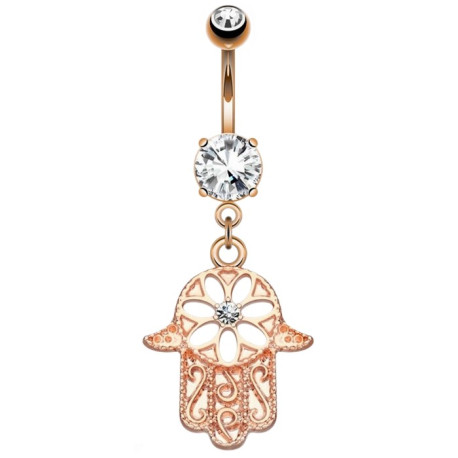 Bijou nombril acier doré rose brillant blanc et pendant main de fatma HN14792-RDC