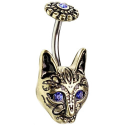 Bijou nombril acier doré tête chat avec yeux strass bleus et fleur NSQ-5062-GD