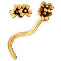Bijou piercing nez plat motif 2 fleurs tige tire-bouchon acier 316L doré or fin GPNO 04