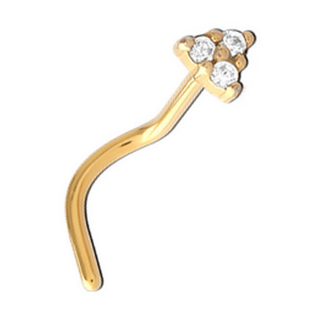 Bijou piercing nez plat motif fleur 3 strass tige tire-bouchon acier 316L doré or fin GPNO 03