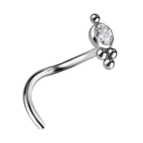 Bijou piercing nez plat avec strass blanc et minis boules tige tire-bouchon titane G23 TNOJ 003