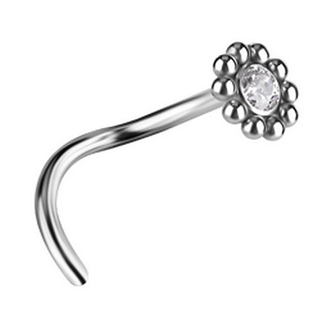 Bijou piercing nez plat fleur avec strass blanc et minis boules autour tige tire-bouchon titane G23 TNOJ 004