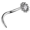 Bijou piercing nez plat fleur avec strass blanc et minis boules autour tige tire-bouchon titane G23 TNOJ 004