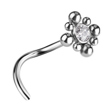 Bijou piercing nez plat losange avec strass blanc et minis boules tige tire-bouchon titane G23 TNOJ 005