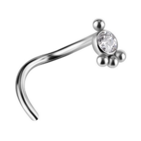 Bijou piercing nez plat avec strass blanc et minis boules tige tire-bouchon titane G23 TNOJ 007