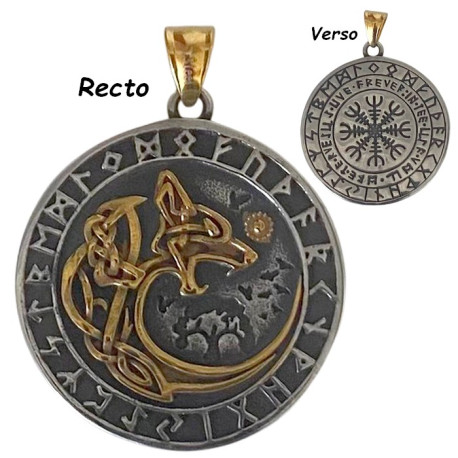 Pendentif talisman avec loup garou et boussole viking avec runes acier HPD421