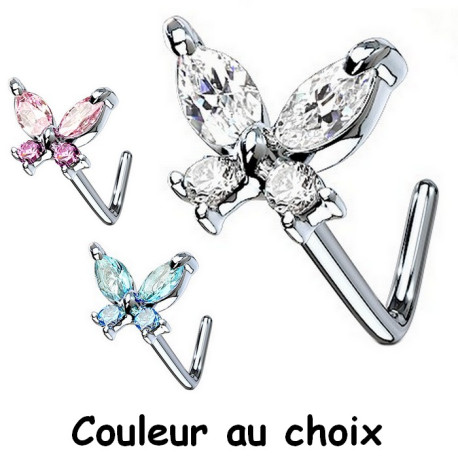 Bijou piercing nez motif papillon avec 4 strass serti tige pliée acier 316L NOL-611-C-P-Q