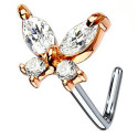 Bijou piercing nez motif papillon avec 4 strass serti tige pliée acier or rose 316L NOL-611-RDC