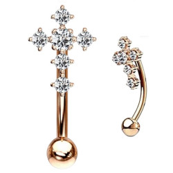 Barre pliée 1,2 mm acier doré rose motif croix avec 6 strass blancs ESC11-RDC