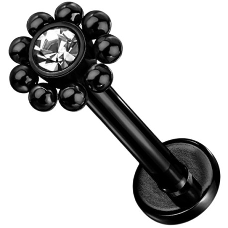 Bijou labret 1,2 mm acier noir avec petite fleur 1 brillant avec minis boules à visser interne LSI036-KC