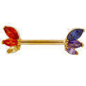 Bijou téton marquise 3 strass colorés en long de chaque coté - barre 1,6 mm acier doré GPSNS 05