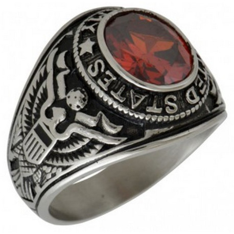 Bague américaine chevalière brillant rouge sigle armée US acier DB1452-RE