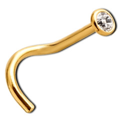 Bijou piercing nez plat avec strass serti clos tige tire-bouchon acier doré or fin GPJNO