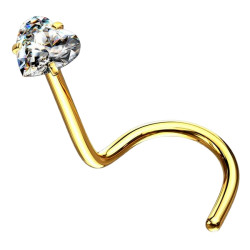 Bijou piercing nez plat avec strass en coeur blanc 3 mm griffé tige tire-bouchon acier doré NOS07-GDC