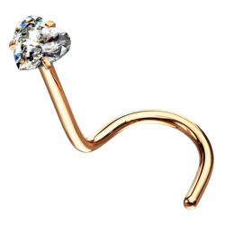 Bijou piercing nez plat avec coeur en strass 3 mm griffé tige tire-bouchon acier or rose NOS07-RDC