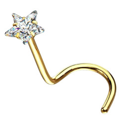 Bijou piercing nez plat avec strass en coeur blanc 3 mm griffé tige tire-bouchon acier doré NOS07-GDC