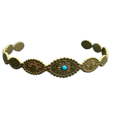 Bracelet jonc acier doré motif ethnique pierre turquoise synthétique JFS06