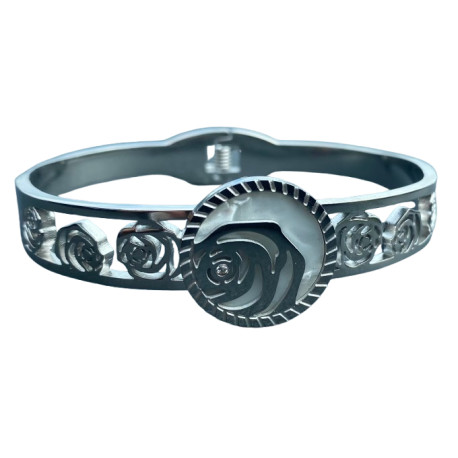 Bracelet acier motif fleurs roses à charnière ASH234A