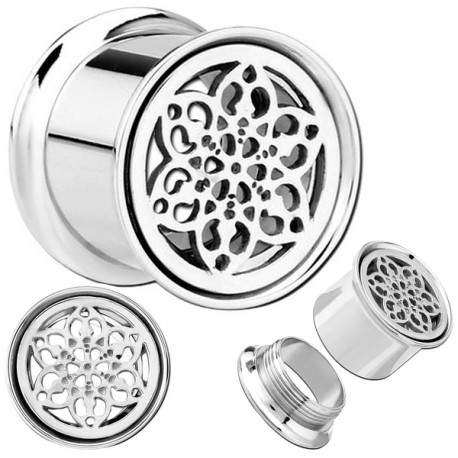 Tunnel avec fleur ethnique au centre oreille acier 316L gros diamètre TN 37