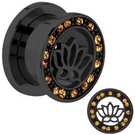 Tunnel avec fleur de lotus au centre et strass sur contour pour oreille acier noir gros diamètre BKTN 05