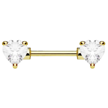 Bijou téton coeur en strass blanc de chaque coté - barre 1,6 mm acier doré KR10988-GDC