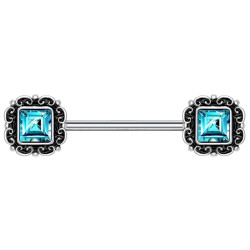 Bijou téton décoration ethnique strass turquoise de chaque coté - barre 1,6 mm acier KB080-Q