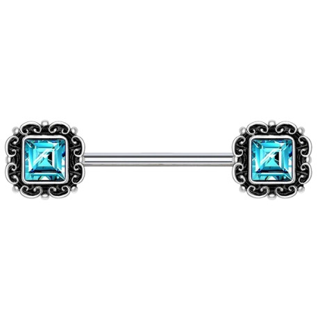 Bijou téton décoration ethnique strass turquoise de chaque coté - barre 1,6 mm acier KB080-Q
