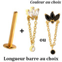 Bijou labret 1,2 mm marquise avec 3 brillants sertis avec chaine et strass acier doré à visser interne 0,8 mm GPINMLBJ002