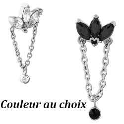 Motif marquise 3 brillants sertis avec chaine et strass acier 316L, pour barre 1,2 mm avec pas de vis interne 0,8 mm INSCJ 21
