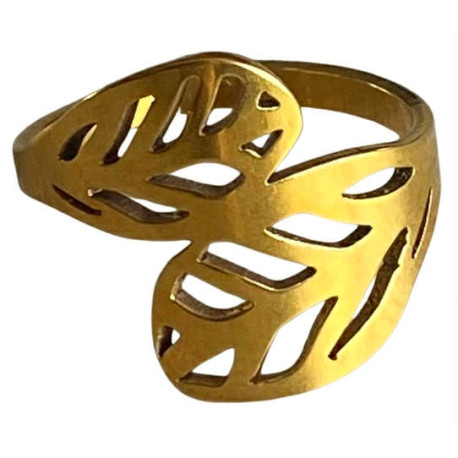 Bague motif feuilles acier doré FBA2513D